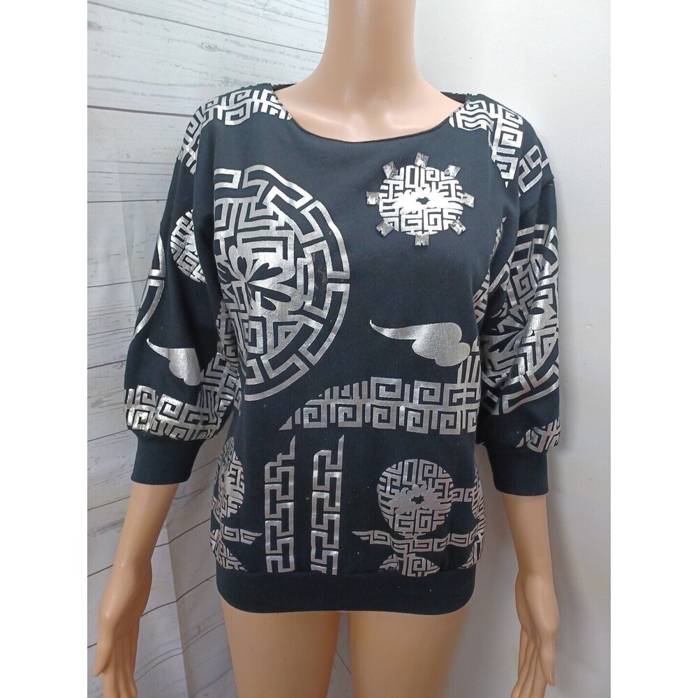 Vtg Bonnie And Bill Shirt Womens S/P Black Metallic Silver Y2K